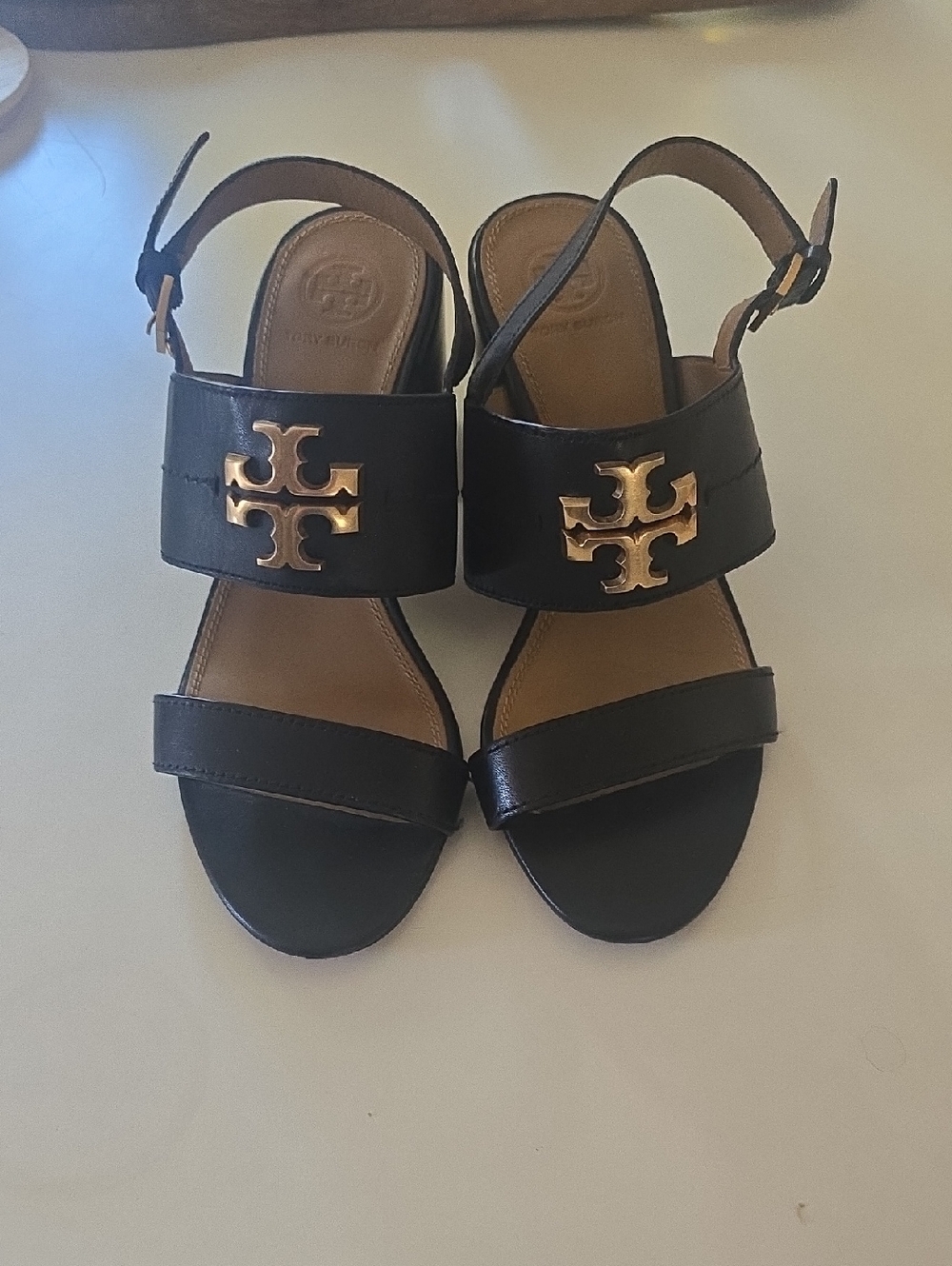Tory Burch Black Leather Logo Slingback Sandals with Gold Emblem